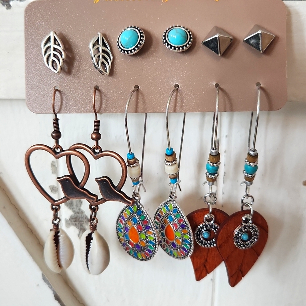 Bohemian Vintage Style Turquoise Embellished Drop Earrings and Studs 6pc Set